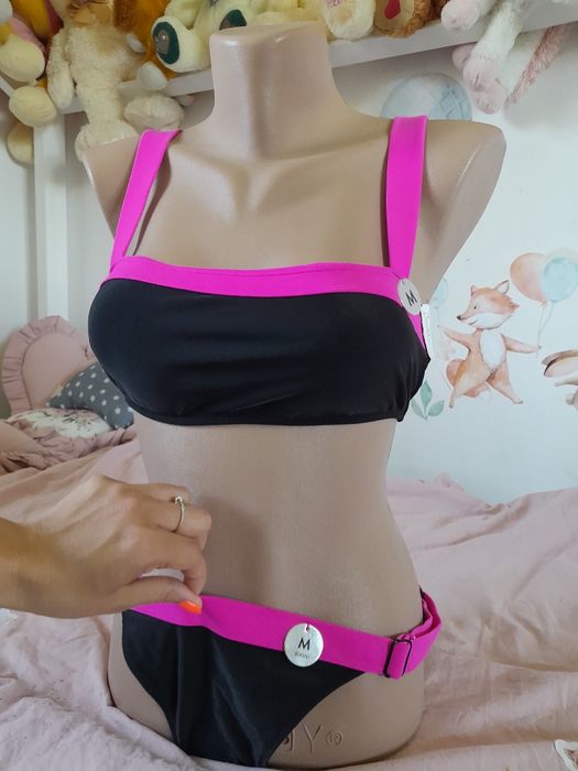 Dwuczęściowy strój kąpielowy M 38 wysoki stan czarny różowy