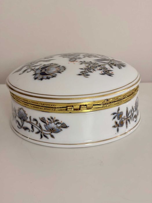 Caixa Jóias Porcelana Victória Hand Painted 14cm Azul Cobalto Dourado