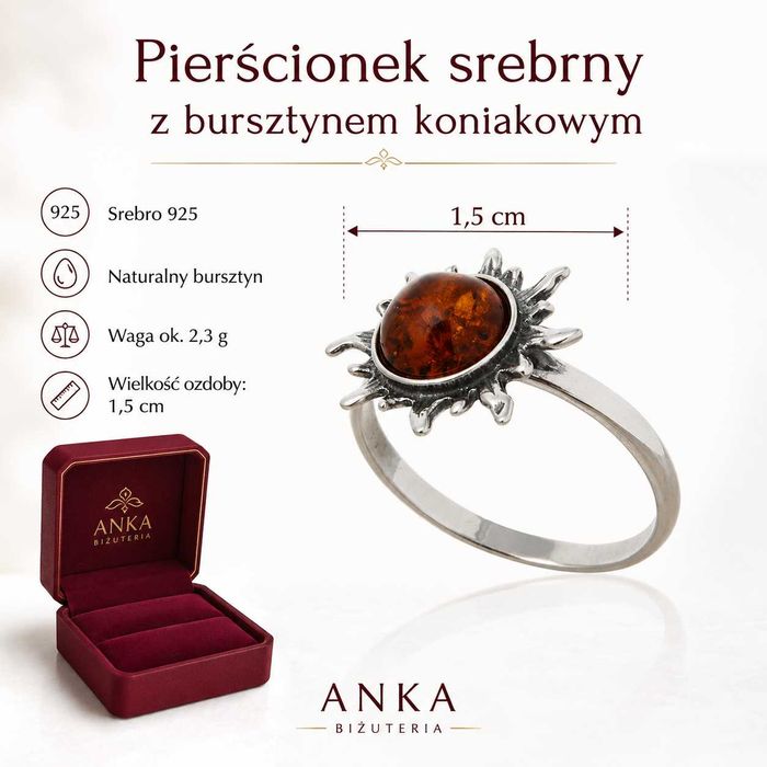 Pierścionek srebrny oksydowany SŁONECZKO z koniakowym bursztynem