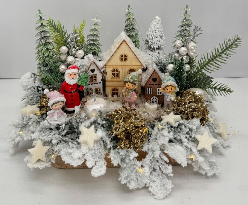 Stroik świąteczny zimowa wioska z domkami LED Mikołaj dzieci