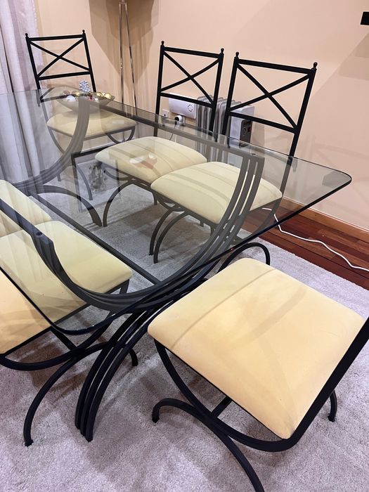 Conj. Mesa vidro/ferro e 6 cadeiras para sala de jantar