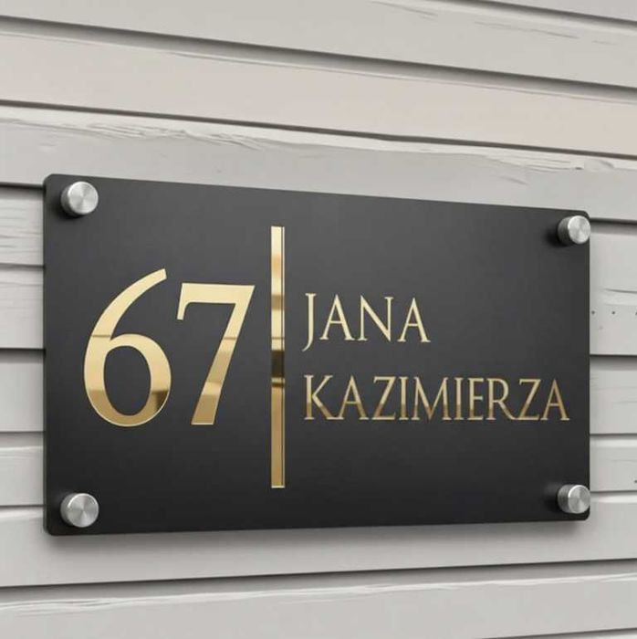 Nowoczesna Tablica Adresowa 3D – Czarny Mat + Złote Lustro – 40x25 cm