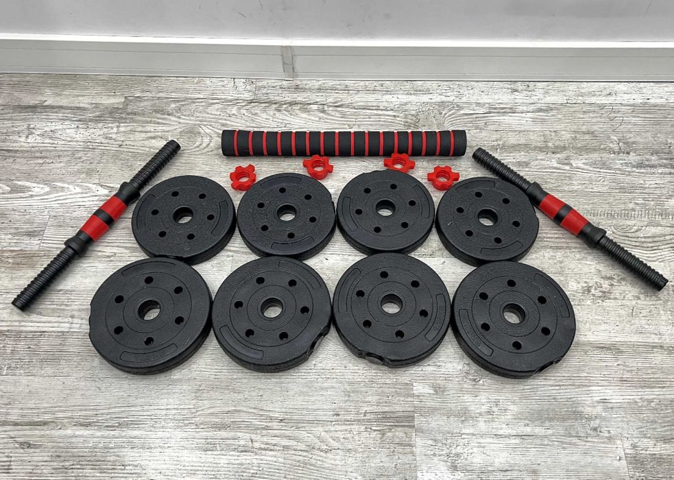 Zestaw hantli bitumicznych sztangra gryf 10kg ciężarki do domu zaciski