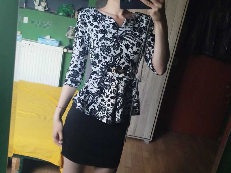 Czarno biała sukienka elegancka wizytowa z baskinką ślubna wieczorowa