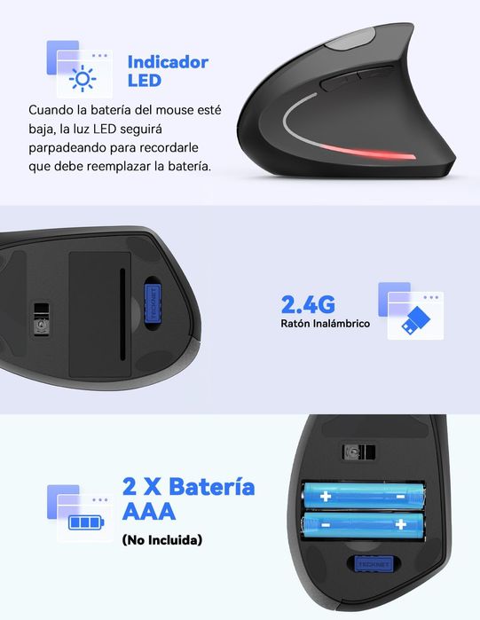 Ergonomiczna mysz pionowa TECKNET 2,4 G, cicha, 4800 dpi, 6 przycisków