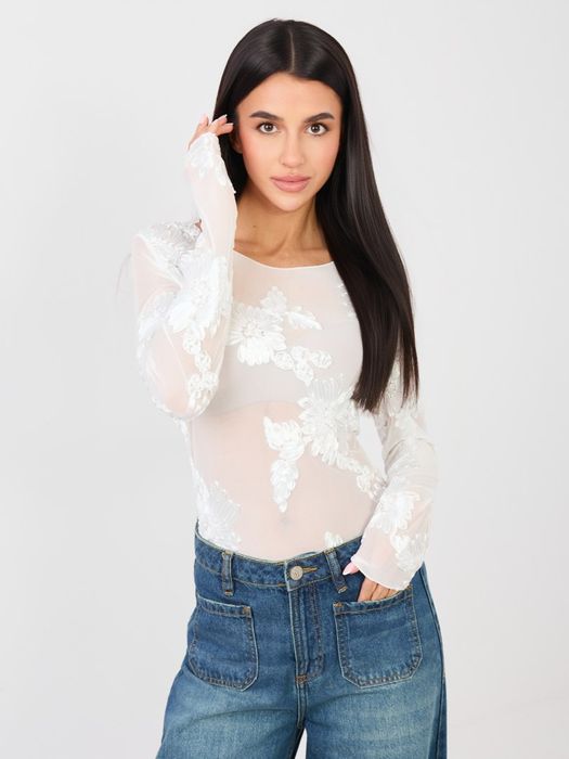 Biała bluzka damska siateczkowa z haftem kwiatowym elegancka
