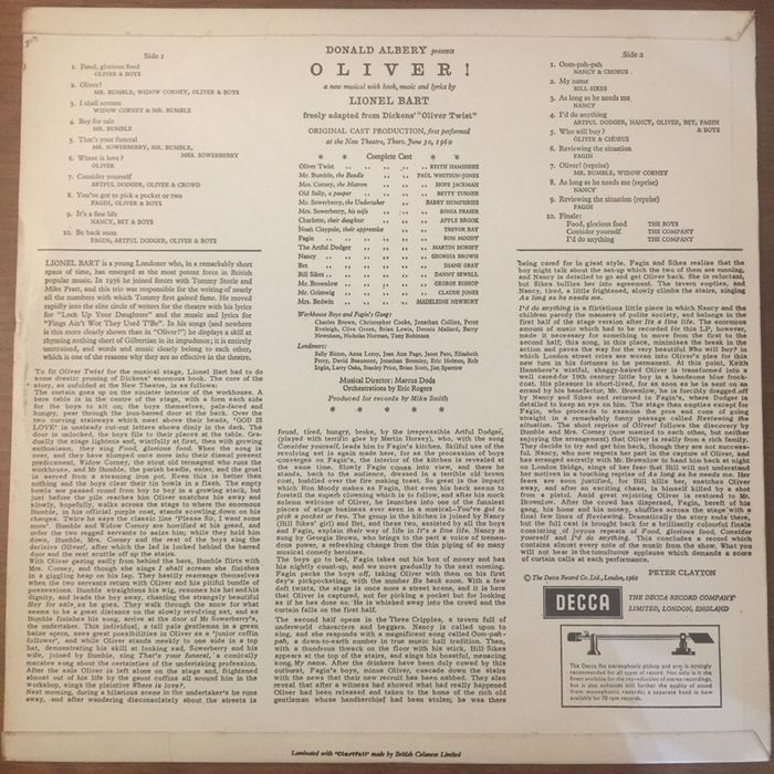 Vinil Donald Albery - Oliver musical - 1960