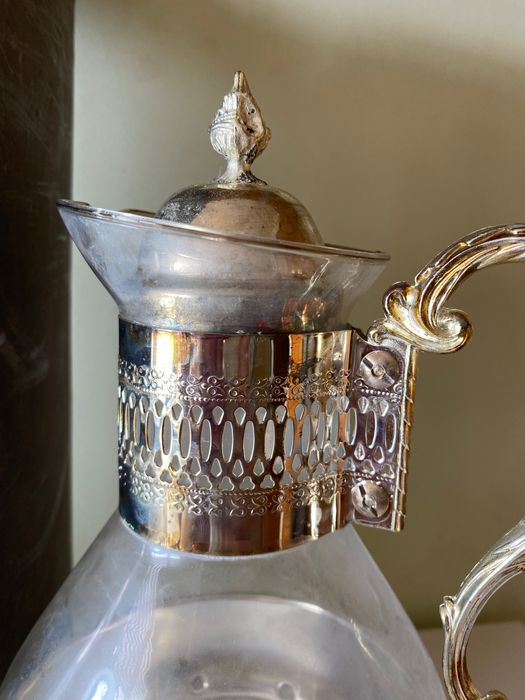 vintage Italian silver plate candle warming stand, glass coffee carafe