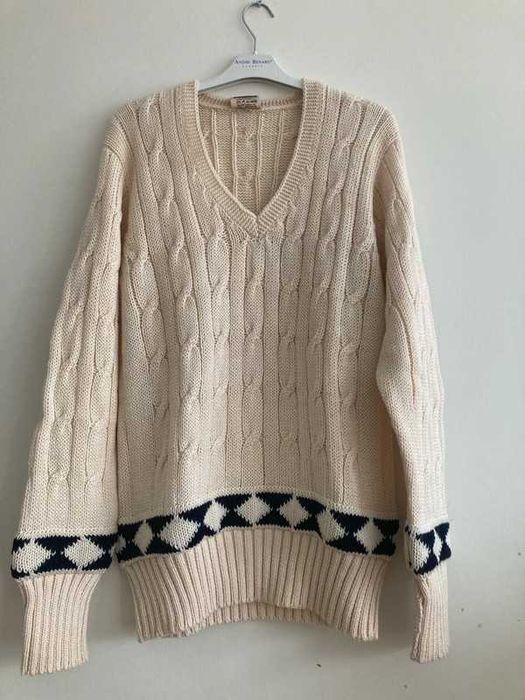 Kremowy sweter w serek, 100% wełna, Vintage.