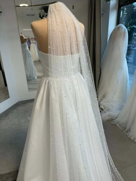 Nowy welon ślub HIT 2,5m tiul PERŁY brokat ivory śmietankowy off white