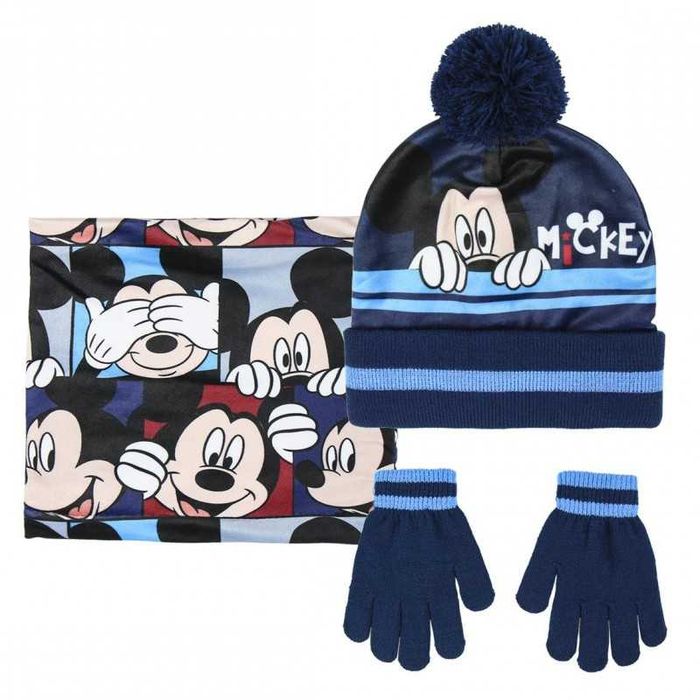 Conjunto 3 PCS Mickey Mouse - Gorro com lenço Azul e Luvas Unissexo