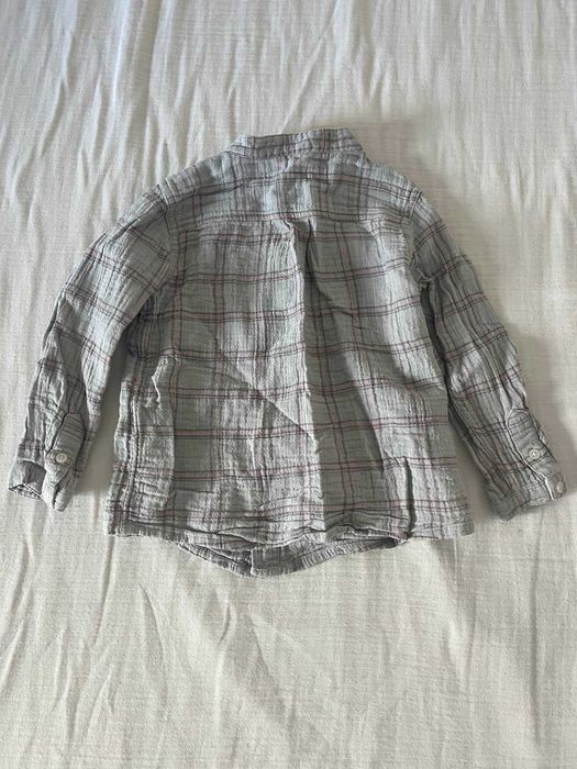 Camisa Gocco aos quadrados cinzenta e rosa, gola mao, 2-3 anos