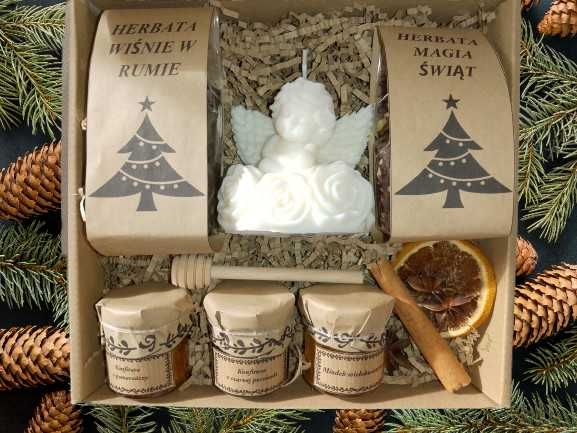 Box choinka, prezent,herbaty,miód,czerpak,świeczka sojowa anioł