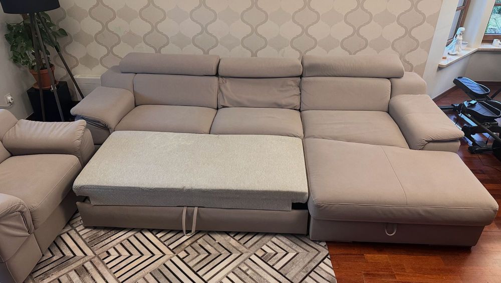 Wygodna sofa z szezlongiem, funkcją spania + FOTEL. Okazja!