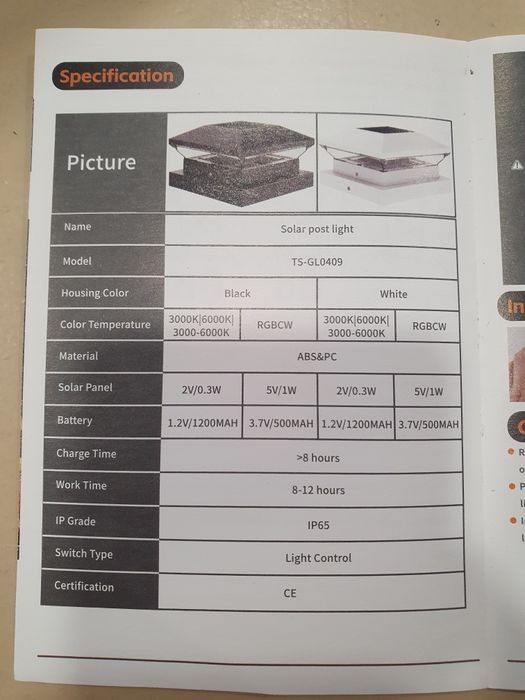 Luzes solares para poste quintal ou jardim 4 peças modelo TS-GL0409