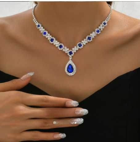 Naszyjnik Damski Ślubny Srebrny Elegancki Wizytowy Szafirowy Cyrkonie