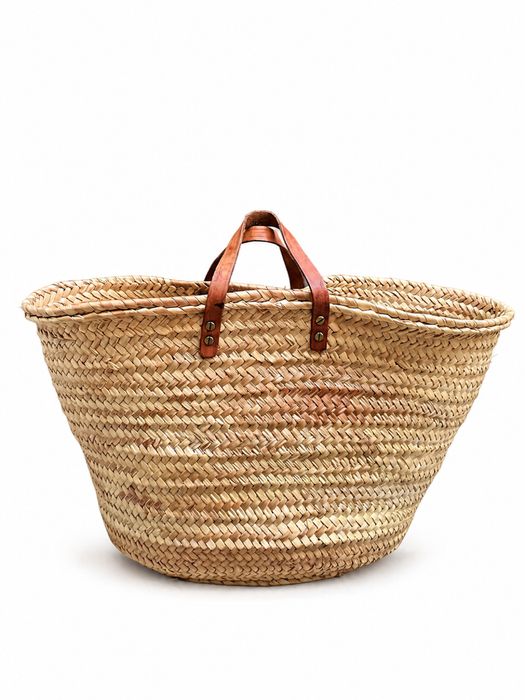 Cesta Vintage em Verga Natural com Alças em Pele | Boho Escandinava Grande