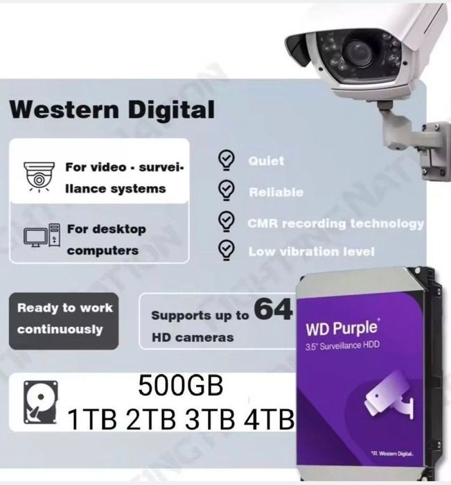 Жорсткий диск HDD Western digital 
Бренд: Western Digital
Модель: Purple 
Тип: HDD
Тип підключення: SATA
Форм-фактор: 3.5"
Буферна пам'ять: 64 МБ