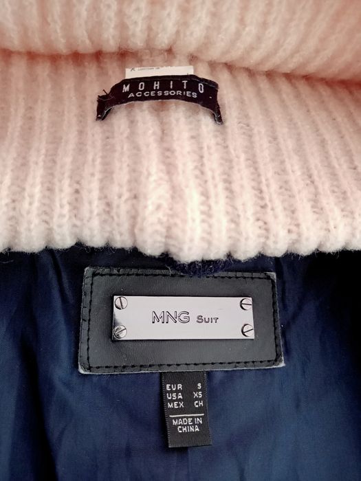 Płaszcz damski S XS Mango Suit granatowy elegancki czapka Mohito moher