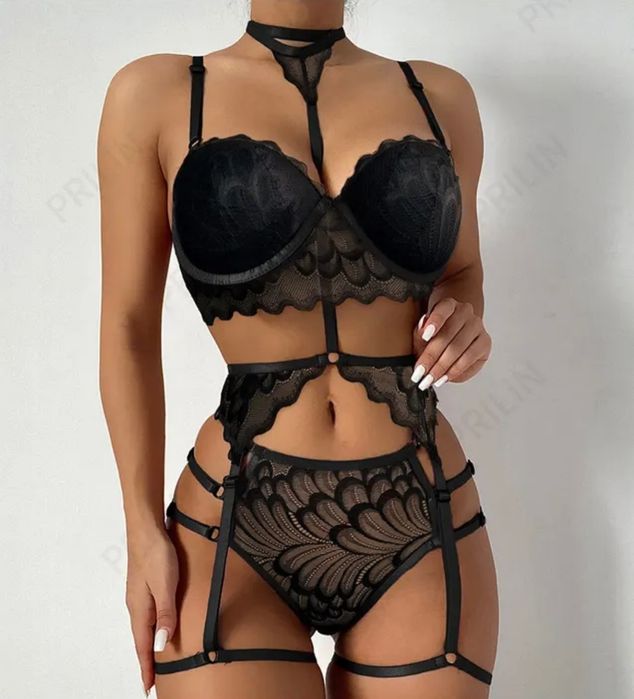 Кружевное нижнее бельё сексуальный комплект боди сетка  пояс лиф трус