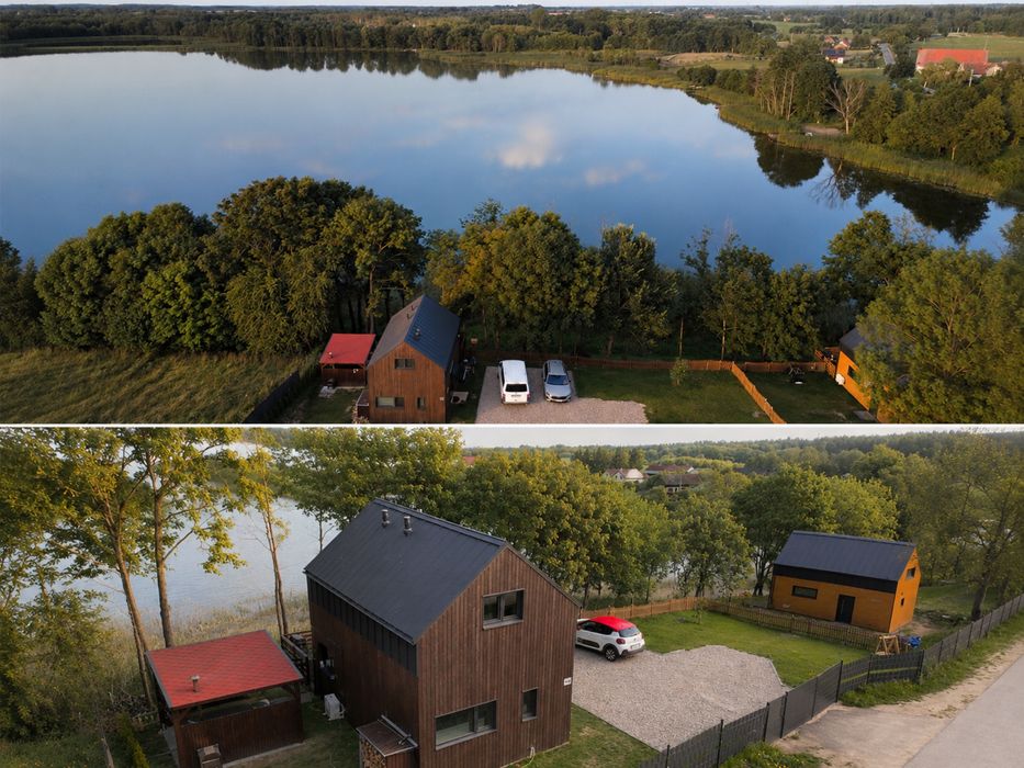 Całoroczne Domki na Mazurach w lini brzegowej z prywtana balia i widokiem na panoramę.