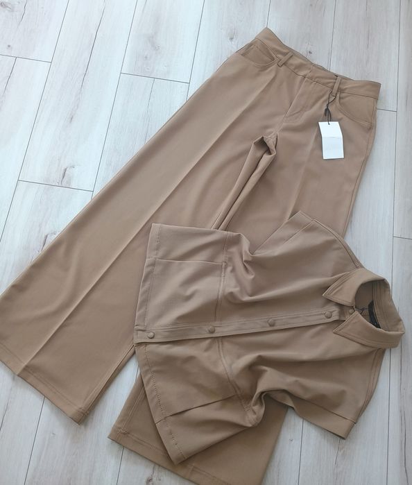ZARA Woman komplet set zestaw garnitur kamizelka  spodnie wiskoza old money beżowy oliwkowy Nowy S 36
