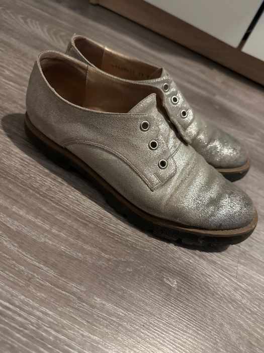 Srebrne buty Oxfordy damskie 38’5 , skóra, Ryłko