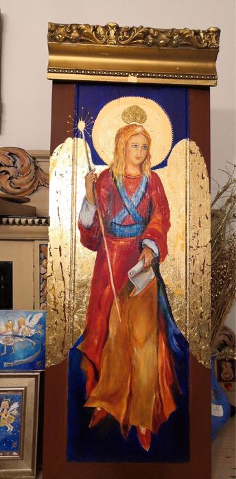 Anioł ochronny dla domu, na desce obraz pozlacany 40x70
