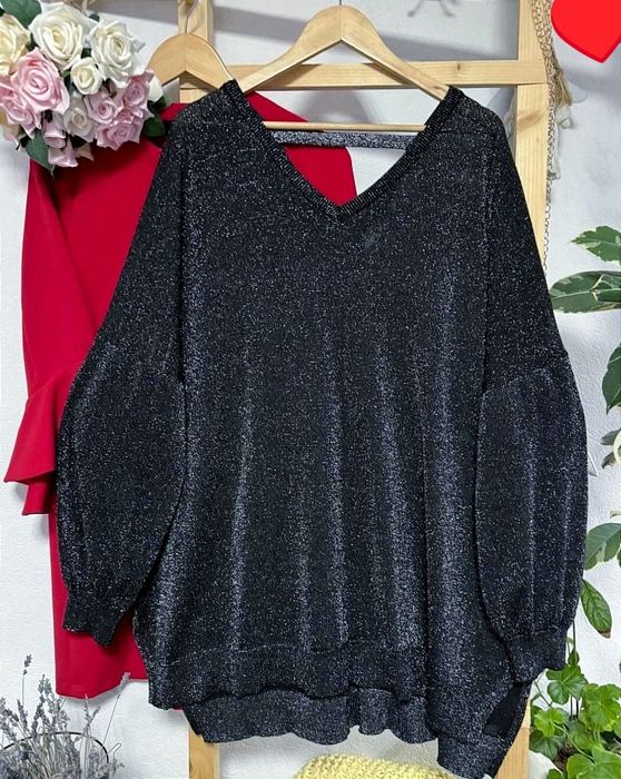 Роскошный с люрексом черный удлиненный свитер,, пуловер, батальный наз