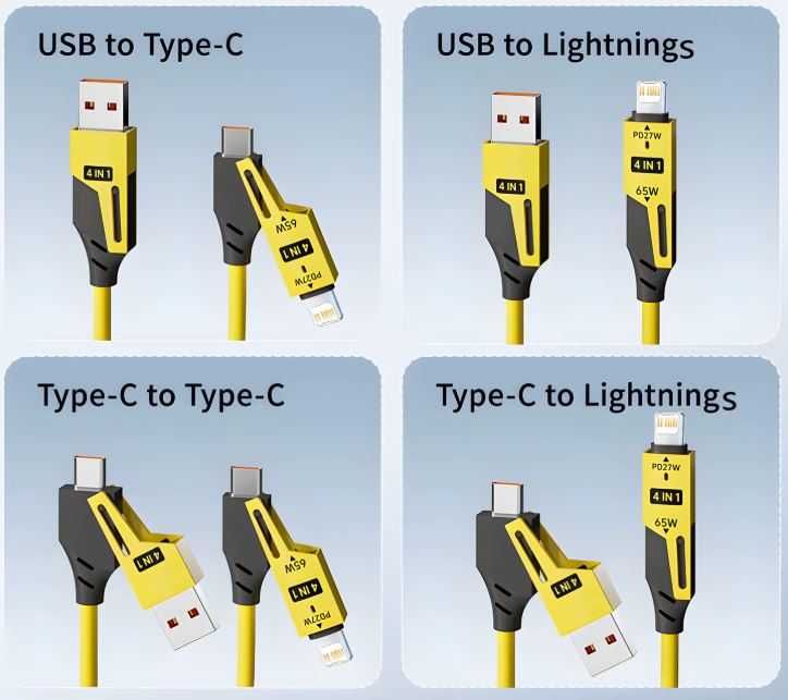Uniwersalny kabel sprężynowy 4w1 USB-A → USB-C / Lightning / Micro-USB