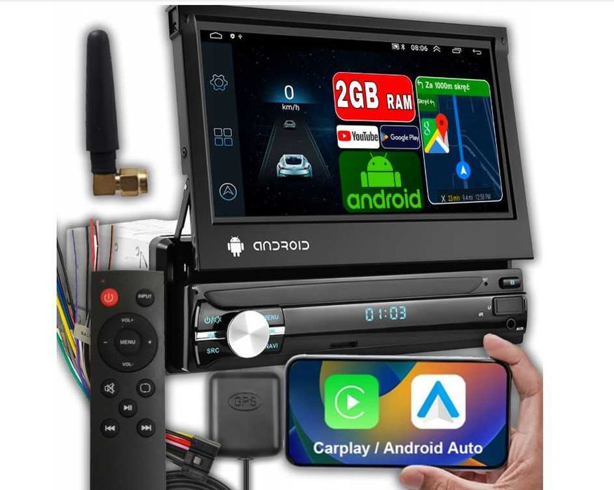RADIO Samochodowe 1 DIN Android 13 GPS USB WIFI + wysuwane AUX FM