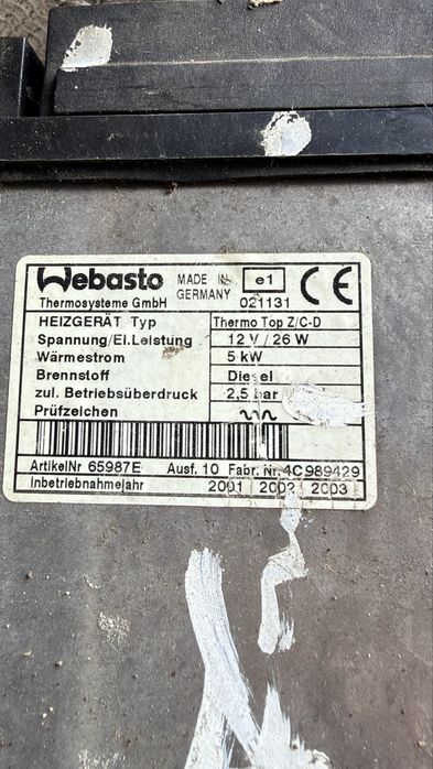 Webasto Thermo Top Z/C-D 5kW Diesel 65987E Citroen Evasion Peugeot 806