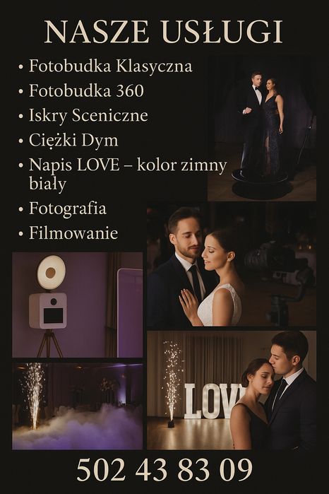 Fotobudka 360, ciężki dym, fotobudka klasyczna, napis LOVE, iskry