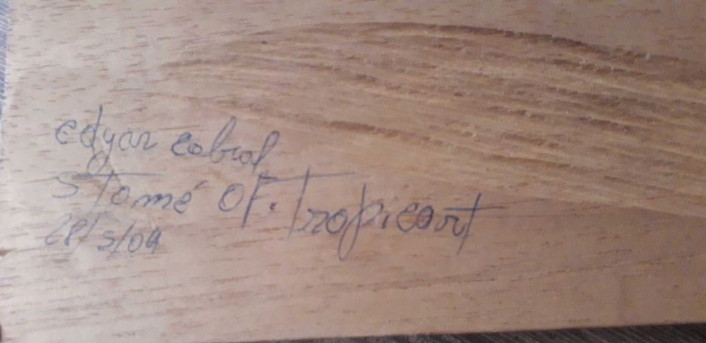 Quadro de S. Tomé, artesanal, com pescador, esculpido em madeira