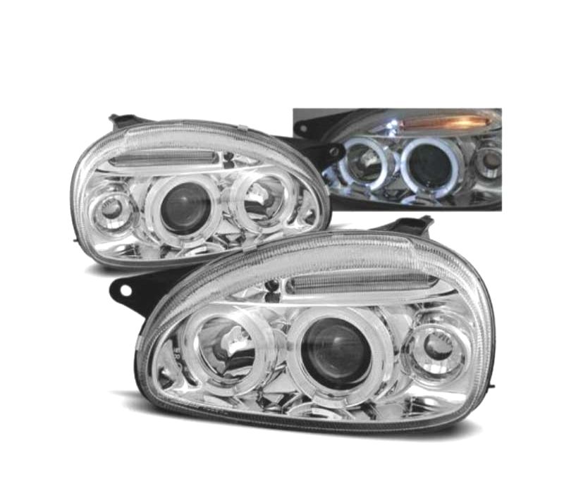 FARÓIS ANGEL EYES OPEL CORSA B 93-00 FUNDO CROMADO MAN.