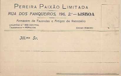Bilhete Postal Particular Antigo - 1922 - PEREIRA PAIXÃO, lda. - LISBOA