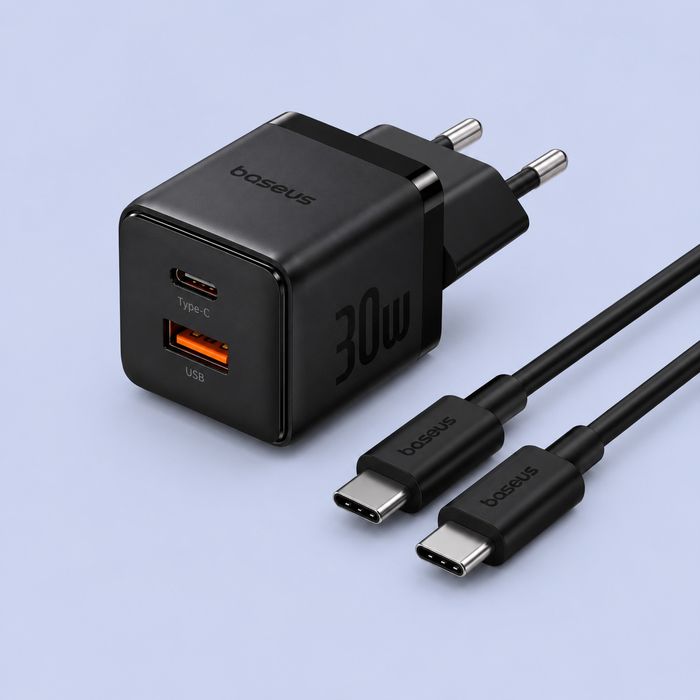 Baseus Palm Fast Charger 30W (Type-C + USB) + Кабель Type-C to Type-C 60W (1m) black  ( у білому та чорному корьорі )
