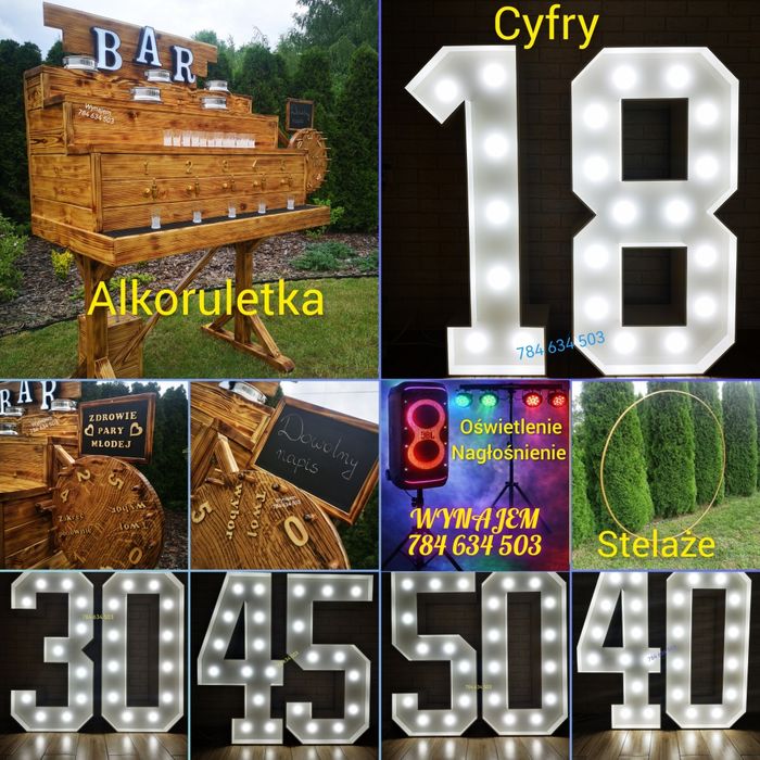 Alkoruletka wesele 3D LED 18 dekoracja 40 stelaż Głośnik oświetlenie JBL Nagłośnienie 70