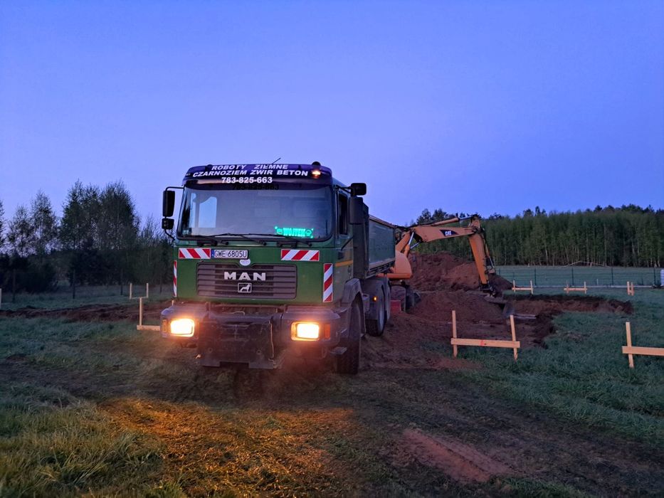 Roboty ziemne- równanie niwelacja terenu wykopy wyburzenia transport