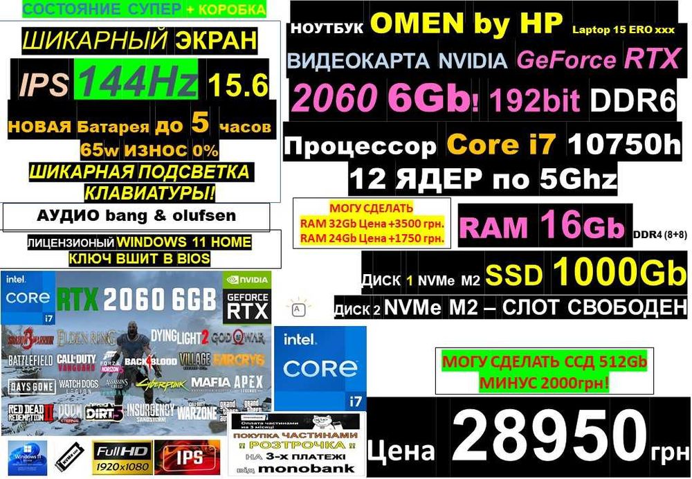 є99+ Ноутбуківℹ️HP OMEN‼️RTX2060‼️Core i7 12 ЯДЕР‼️SSD 1000/RAM 16-32