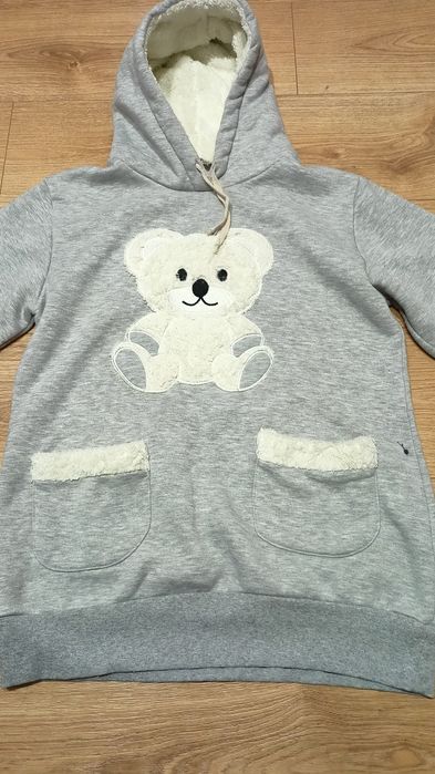 Ciepła bluza z kapturem rozmiar L szara z misiem stan dobry+
