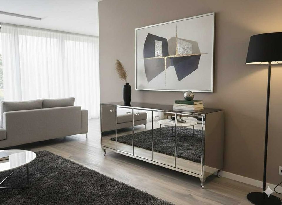 Lustrzana komoda 180cm czarny lacobel glamour cichy domyk noga ludwik