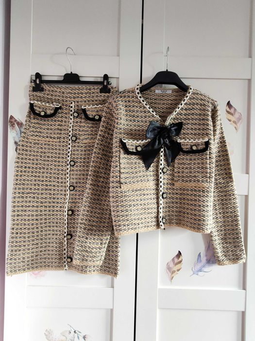 Komplet na zimę sweter i spódnica wiskoza tweed szyk S M