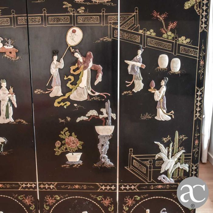 Biombo Chinês de 2 faces em pedra dura lacado com 4 painéis