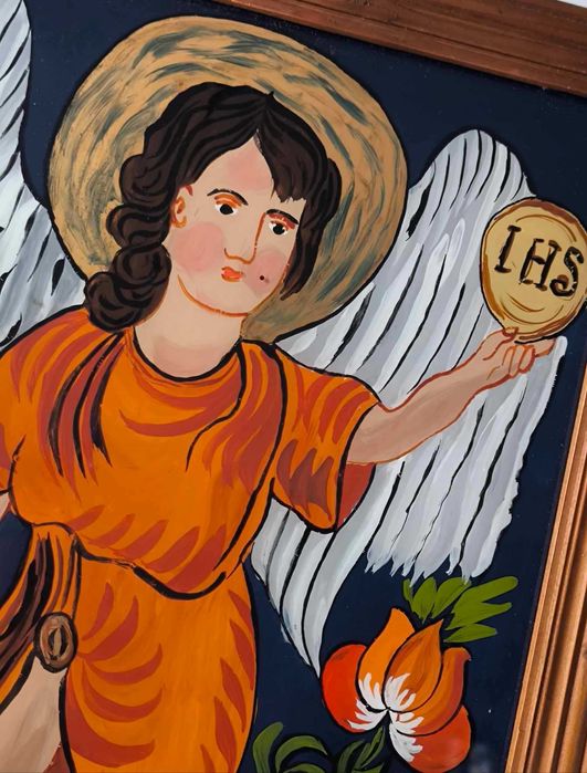 Stary polski obraz religijny Anioł malowany na szkle, Design Vinage