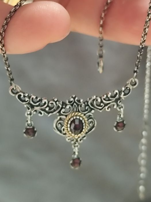 Piękna kolia - stary wyrób - srebro 835 B + granaty