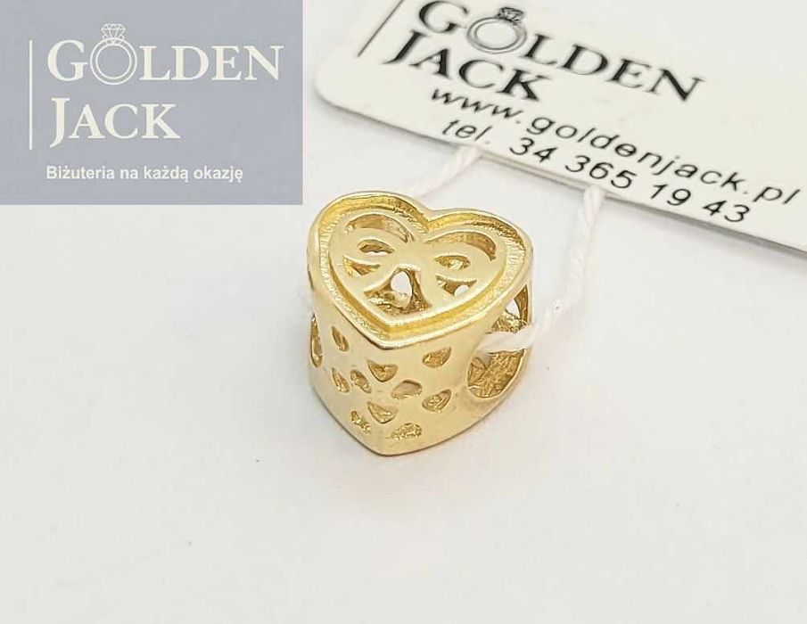 Złota zawieszka Charms serce z kokardką złoto pr. 585 waga 1,01 g