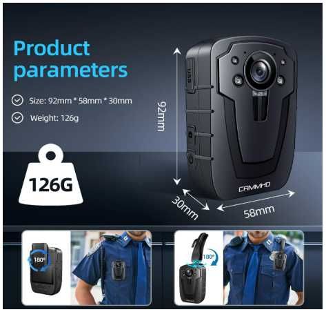 Câmara Corporal CAMMHD C8-32G 1296P com Áudio e Vídeo