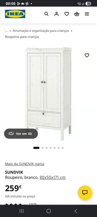 Roupeiro SUNDVIK 
Roupeiro, branco, 80x50x171 cm
Roupeiro, branco, 80x50x171 cm