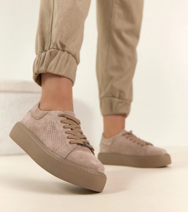 Beżowe Skórzane Sneakersy Na Platformie Filippo